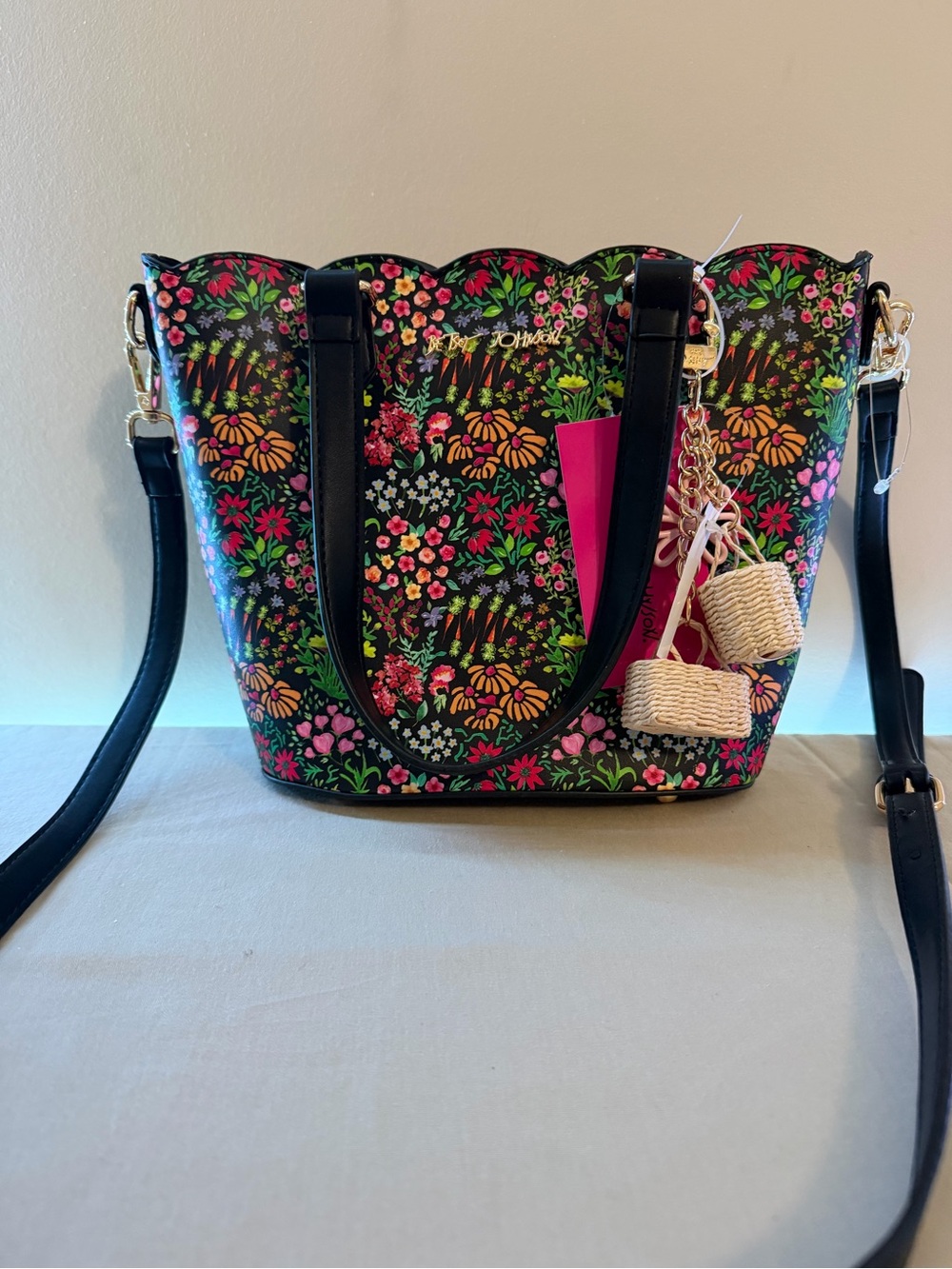 Betsey Johnson Black Floral Tote with Multicolor Blooms and Charm - Picture 4 of 7